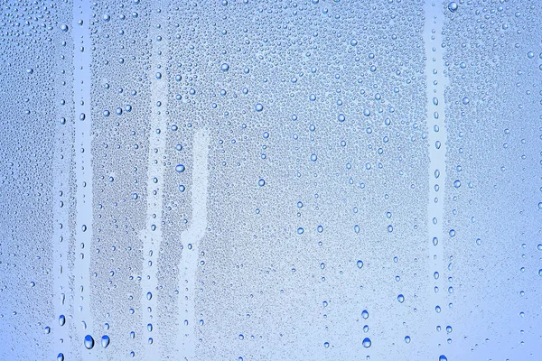 Gotas Vidrio Fondo Azul Abstracto Transparente Salpicaduras Agua Fondo Frío — Foto de Stock