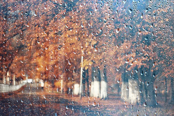 抽象的な背景秋 ガラス滴秋の黄色の葉雨10月の天気 — ストック写真