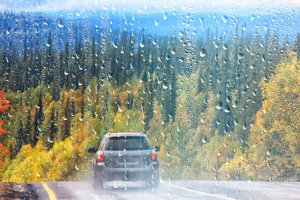 Rain Window View Water Drops Glass View Forest Mountains Landscape — Stock Photo, Image