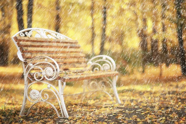 Pluie Automne Paysage Vue Parc Banc Pluie Gouttes Concept Triste — Photo