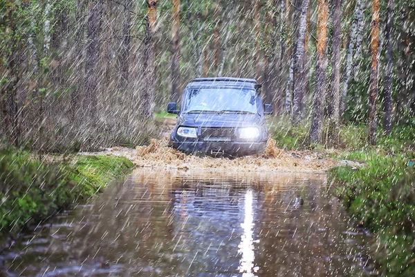 Suv Forêt Gué Travers Rivière Tourisme Routier Extrême Sur — Photo