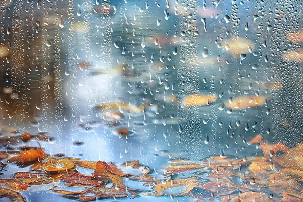 Abstrakter Hintergrund Herbst Glas Tropfen Herbst Gelb Blätter Feuchtes Oktoberwetter — Stockfoto