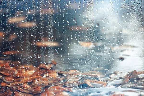 抽象的な背景秋 ガラス滴秋の黄色の葉雨10月の天気 — ストック写真