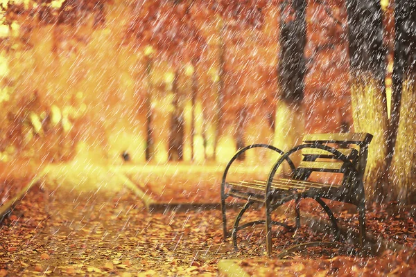 Rain Autumn Landscape View Park Bench Rain Drops Concept Sad — Stock Photo, Image