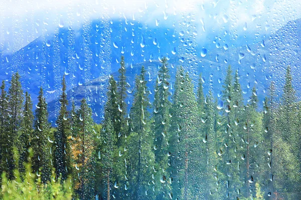Rain Window View Water Drops Glass View Forest Mountains Landscape — Stock Photo, Image