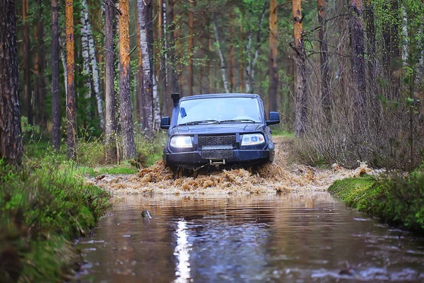 Suv Forêt Gué Travers Rivière Tourisme Routier Extrême Sur — Photo