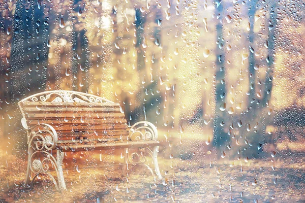 雨秋景公园长椅 雨滴概念忧郁心情忧郁季节 — 图库照片