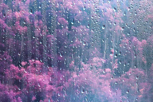 Regen Fenster Blick Wassertropfen Auf Glas Blick Wald Und Berge — Stockfoto