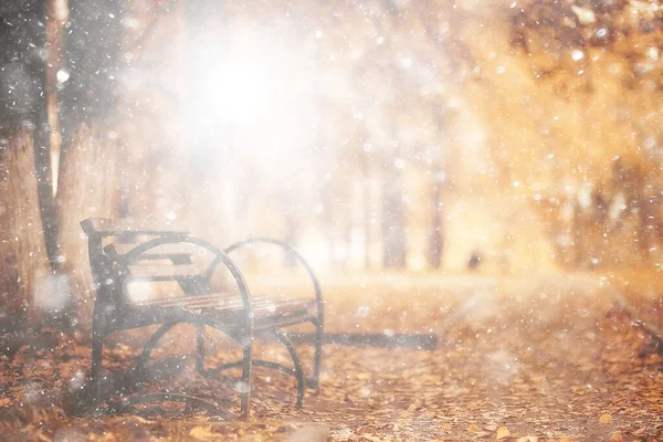 Rain Autumn Landscape View Park Bench Rain Drops Concept Sad — Stock Photo, Image