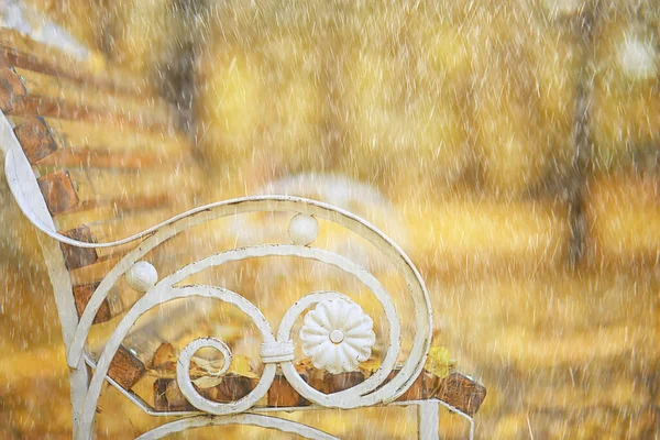 Βροχή Φθινόπωρο Τοπίο Θέα Παγκάκι Πάρκο Βροχή Σταγόνες Έννοια Θλιβερή — Φωτογραφία Αρχείου
