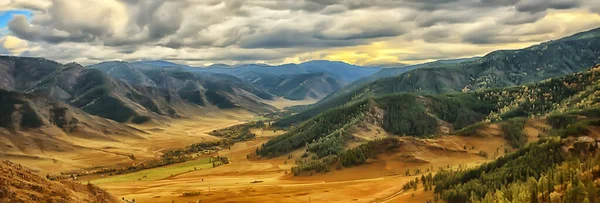 Jesienne Góry Leśne Panorama Drzewa Krajobrazowe Natura Żółty Sezon — Zdjęcie stockowe