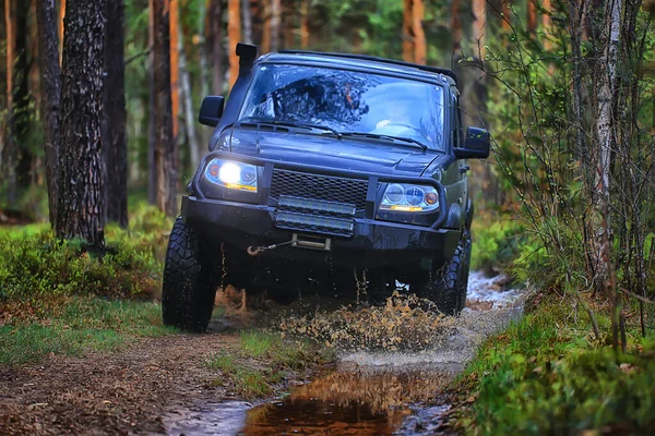 Suv Forêt Gué Travers Rivière Tourisme Routier Extrême Sur — Photo