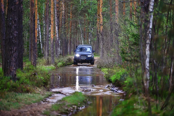 Suv Forêt Gué Travers Rivière Tourisme Routier Extrême Sur — Photo