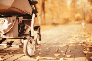 Arka bacaklardan bebek arabası görüntüsü, anne sonbahar soyut arka plan parçası yürür