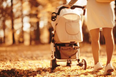 Arka bacaklardan bebek arabası görüntüsü, anne sonbahar soyut arka plan parçası yürür
