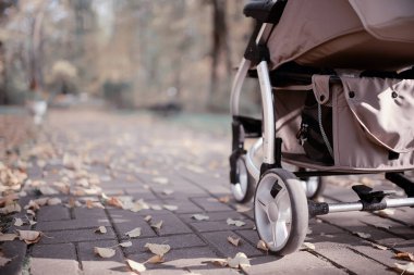 Arka bacaklardan bebek arabası görüntüsü, anne sonbahar soyut arka plan parçası yürür