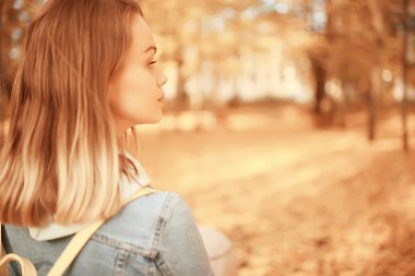 Annem sonbahar parkında yürüyüş için bebek arabasıyla gezer, sonbahar manzarası Ekim ayı sarı park manzarası