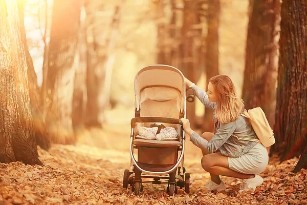 Mamá Con Cochecito Parque Otoño Para Paseo Paisaje Otoño Vista — Foto de Stock