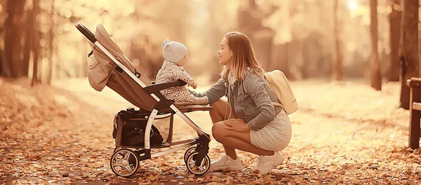 Maman Avec Une Poussette Dans Parc Automne Pour Une Promenade — Photo