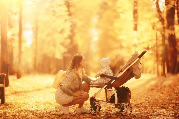 Maman Avec Une Poussette Dans Parc Automne Pour Une Promenade — Photo