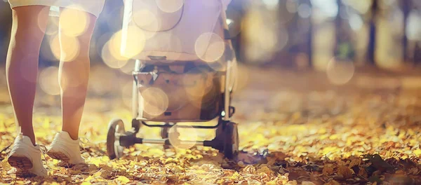 Vue Sur Poussette Depuis Les Jambes Arrière Maman Marcher Automne — Photo