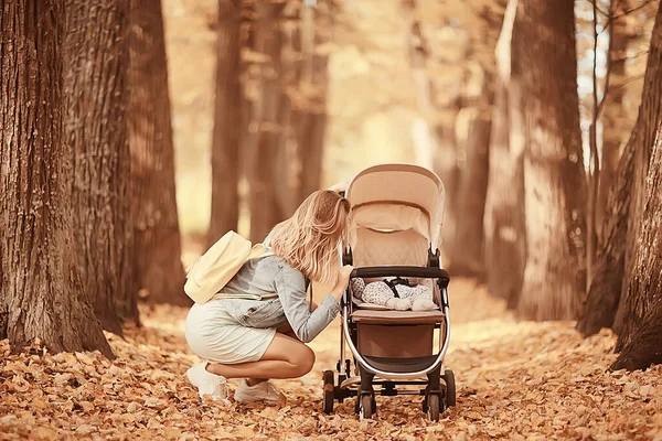 Anya Egy Babakocsi Őszi Parkban Sétálni Táj Őszi Kilátás Október — Stock Fotó