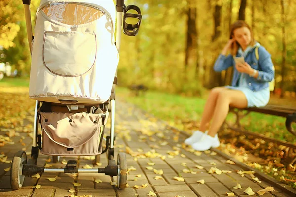 Moeder Met Een Wandelwagen Het Najaar Park Voor Een Wandeling — Stockfoto