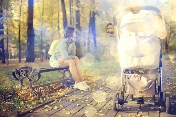 Arka Bacaklardan Bebek Arabası Görüntüsü Anne Sonbahar Soyut Arka Plan — Stok fotoğraf
