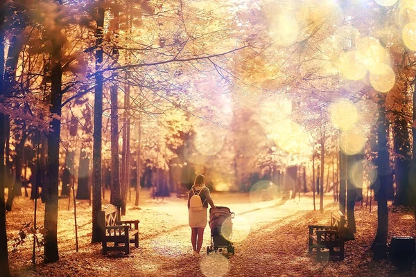 Mamma Con Passeggino Nel Parco Autunnale Una Passeggiata Paesaggio Autunno — Foto Stock