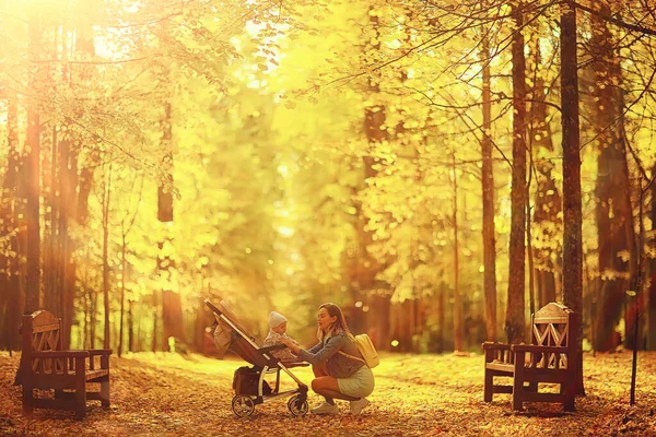 Mamá Con Cochecito Parque Otoño Para Paseo Paisaje Otoño Vista —  Fotos de Stock