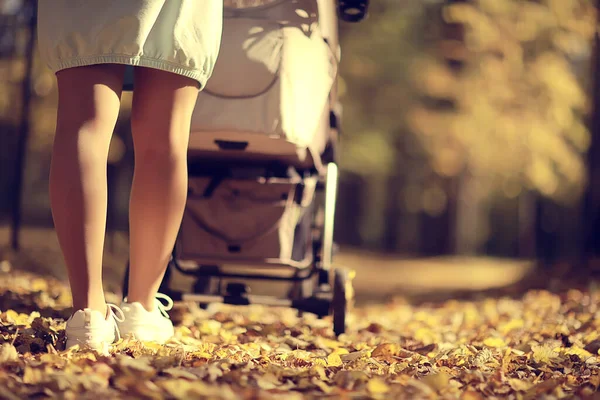 Kinderwagen Uitzicht Van Rug Benen Mam Lopen Herfst Abstracte Achtergrond — Stockfoto