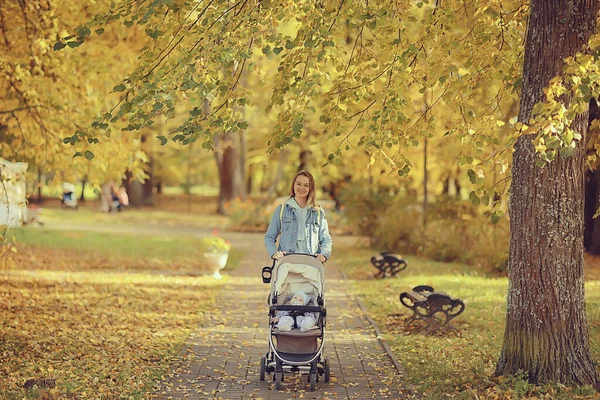 妈妈带着婴儿车在秋天的公园里散步 秋天的风景尽收眼底 十月份的小巷黄园 — 图库照片