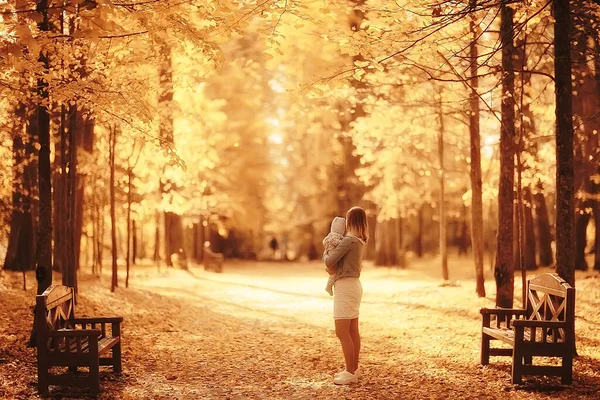 Mamma Getta Bambino Nel Parco Autunnale Felicità Giallo Caduta Natura — Foto Stock