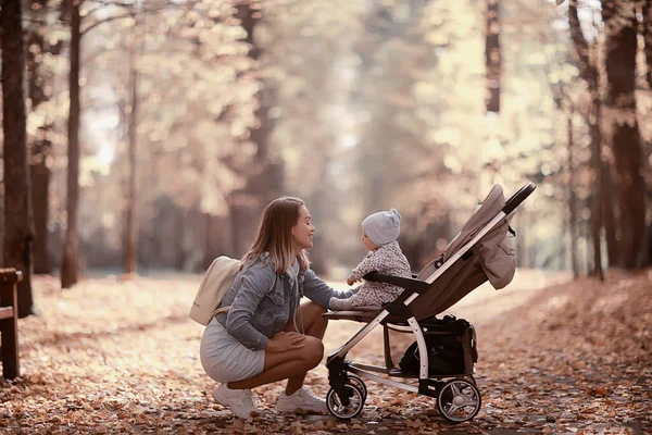 Mamma Med Barnvagn Höstparken För Promenad Landskap Höst Oktober Gränd — Stockfoto
