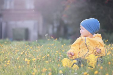 Sarı yağmurluklu çocuk, bak, sonbahar mevsimi parkta yürüyor.