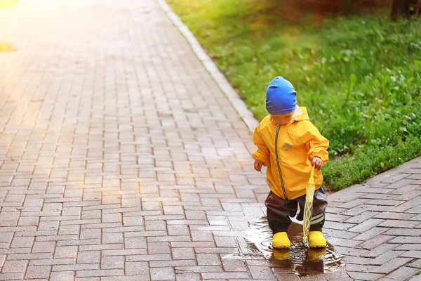 Yellow Raincoat Boy Look Autumn Seasonal Walk Park — Stock Photo, Image