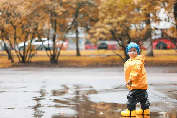 Parkta Sonbahar Küçük Çocuk Yağmurlukla Yürüyor Mevsimlik Görünüş — Stok fotoğraf