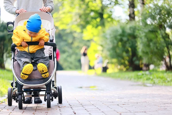 Promenade Automnale Enfant Dans Une Poussette Rue Plein Air Paysage — Photo