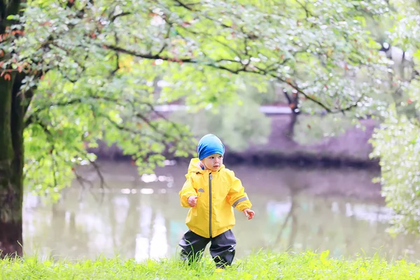 Parkta Sonbahar Küçük Çocuk Yağmurlukla Yürüyor Mevsimlik Görünüş — Stok fotoğraf