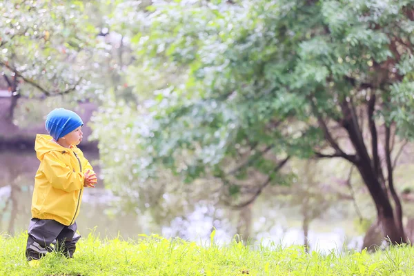 孩子们穿雨衣散步 秋天的季节孩子穿防水衣服 — 图库照片