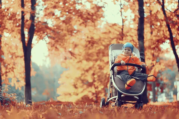 Otoño Paseo Niño Cochecito Calle Paisaje Ciudad Aire Libre — Foto de Stock