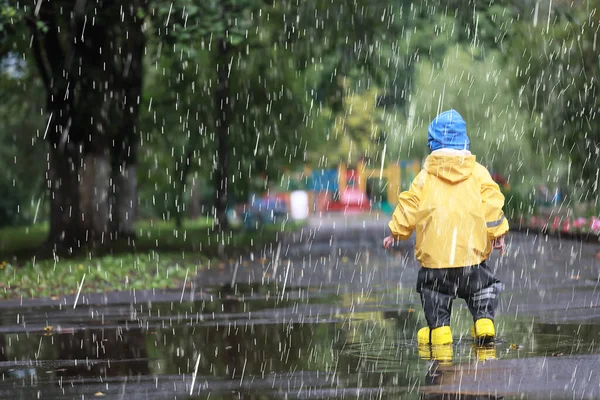 Eső Séta Fiú Ősz Parkban Esőcseppek Pocsolyák Gyermek — Stock Fotó