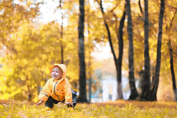 Herbst Park Kleiner Junge Spaziert Regenmantel — Stockfoto