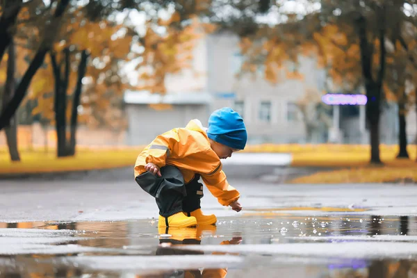 Autumn Park Little Boy Walking Raincoat Seasonal Look — ストック写真