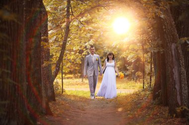 Gelin ve damat parkta yürüyor