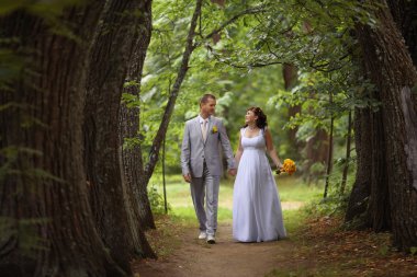 Gelin ve damat parkta yürüyor