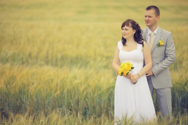 Gelin ve damat buğday alan üzerinde yürüme
