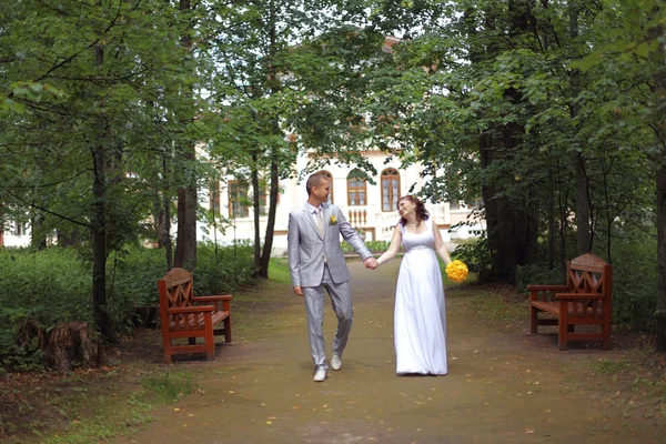 Bride and groom walking in park — Stock Photo, Image