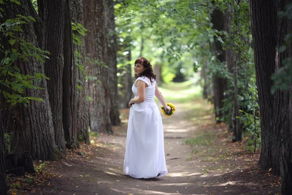 Bride walking in park — Stock Photo, Image