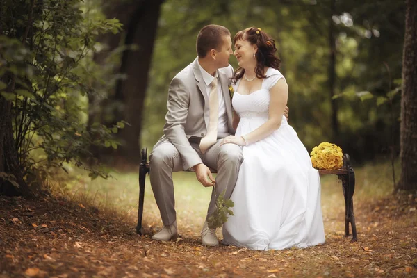 Bride and groom sitting on the bench — Stock Photo, Image